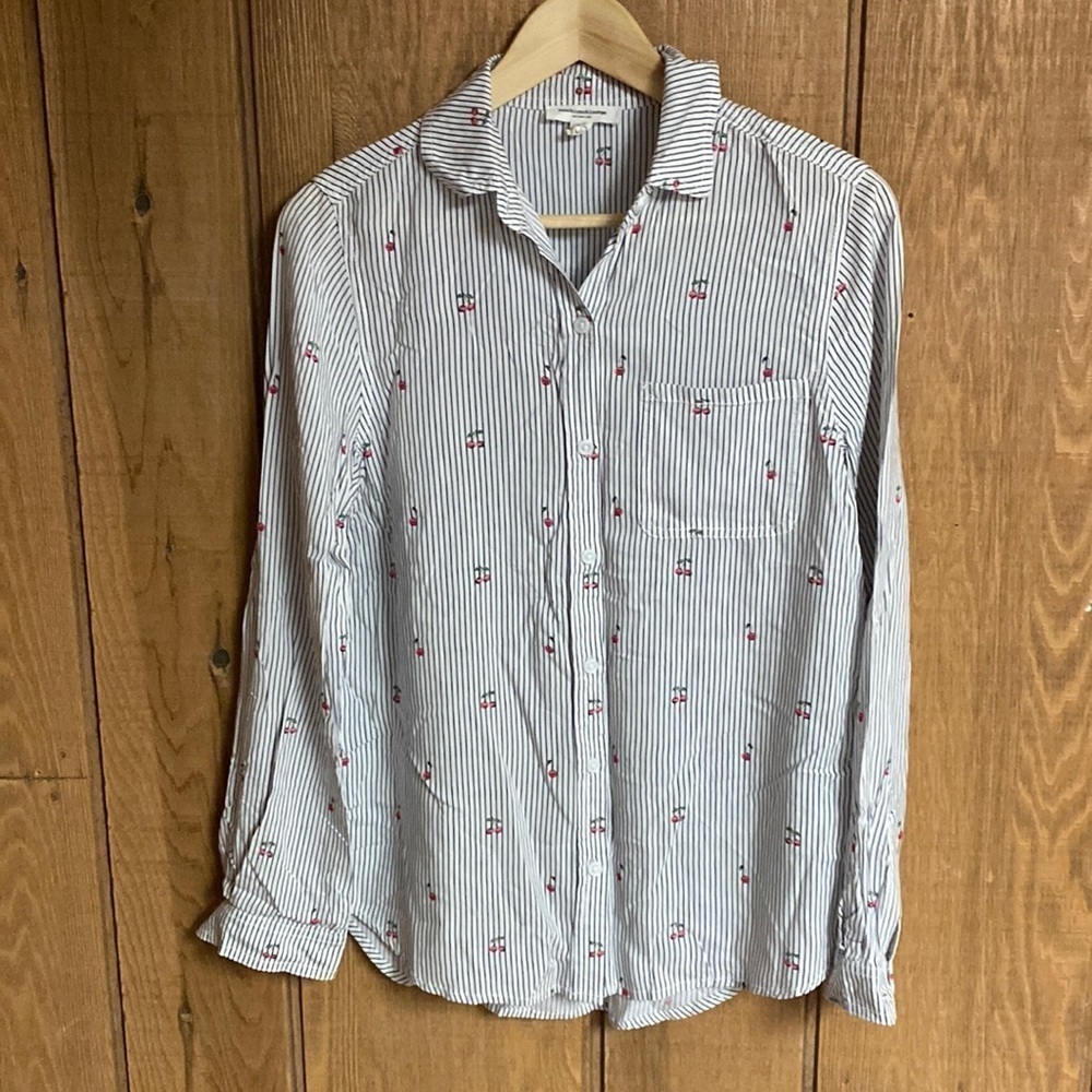 Beach Lunch Lounge striped button up striped blouse with printed cherry details